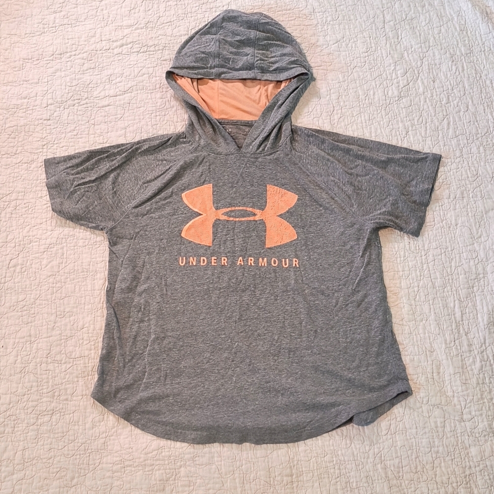 Grey Under Armour girls hoodie with pink/coral details sz L